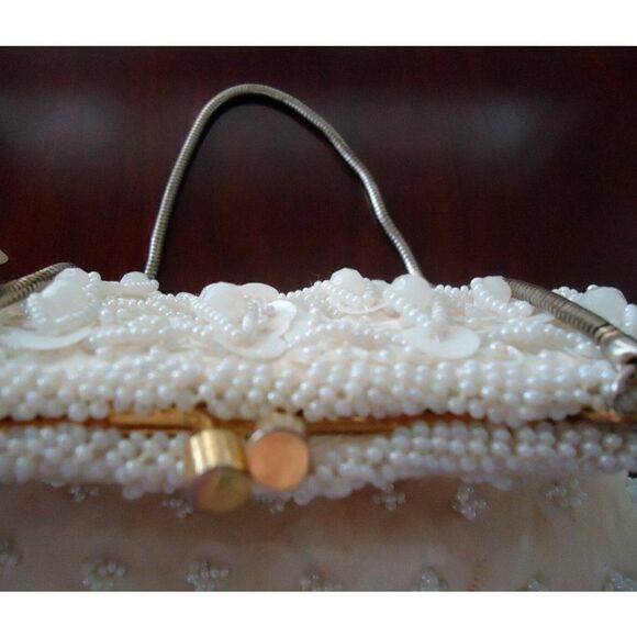 Beaded Sequined Cocktail Purse Vintage Hand Made In Hong Kong Off White - Picture 7 of 8